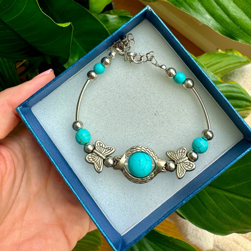 Turquoise and silver butterfly bracelet